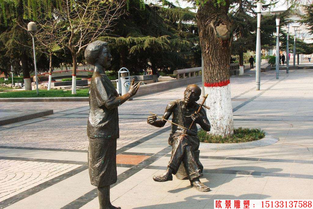 拉二胡铜雕，古代乐器铜雕
